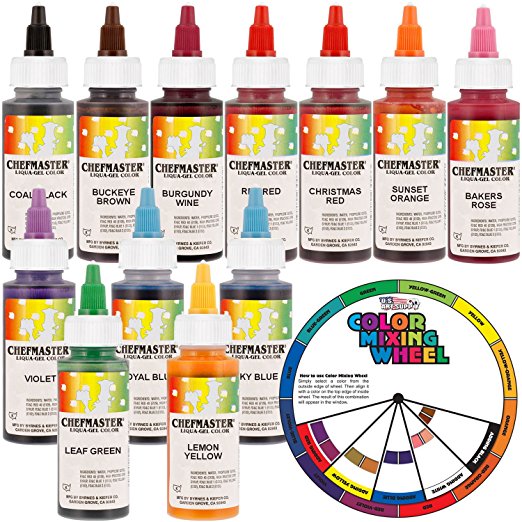 12 Food Color Chefmaster by US Cake Supply 2.3-Ounce Liqua-Gel Cake Food Coloring Variety Pack with Color Mixing Wheel
