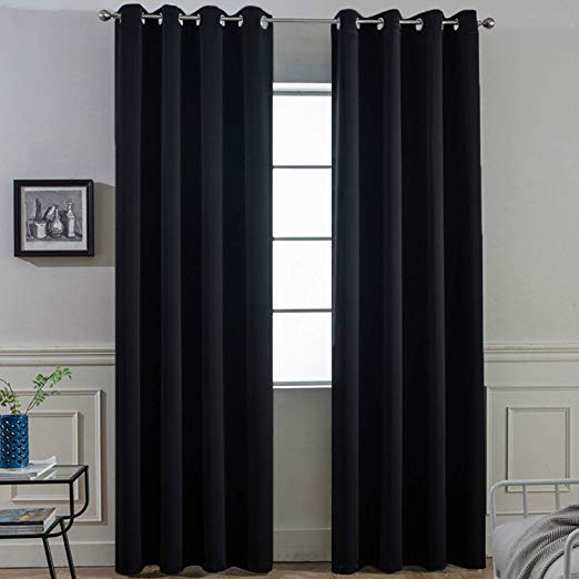 Yakamok Blackout Room Darkening Curtains Window Panel Drapes - 2 Panels per Set,52 x84 inch,2 Tie Backs Included (Solid Black)
