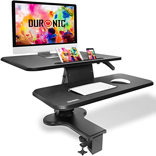 Duronic Sit-Stand Desk DM05D13 | Height Adjustable Office Workstation | 64x44cm Platform | Raises 12-40cm | Riser for PC Computer Screen, Keyboard, Laptop |Ergonomic Desktop Table Converter with Clamp
