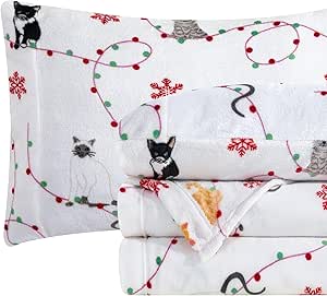 Elegant Comfort Luxuriously Soft 4-Piece Holiday Velvet Plush Flannel Sheet Set - Premium Quality - Cozy Warm, Christmas Fuzzy Velvet Flannel Fleece Deep Pocket Sheet Set - Twin, Jingle Cats