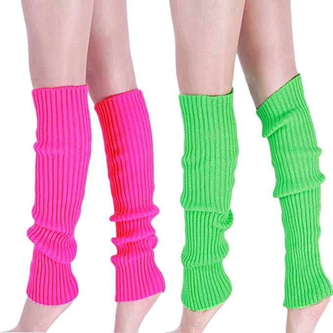 Womens Juniors 80s Ribbed Leg Warmers - 2 Packs Eighty's Knitted Crochet Long Sock