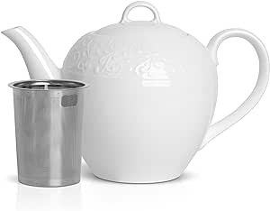 ComSaf Porcelain Teapot with Removable Infuser & Lid 37 oz(4-5 Cups), Large Tea Pot with Stainless Steel Fine Mesh Infuser, Teapot with Strainer for Loose Leaf Tea or Bags, White, Relief Sculpture