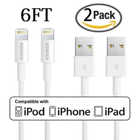 Lightning Cable, KOOWIEN 2Pack 6ft Extra Long 8pin USB Charging and Syncing Cord Wire for iphone 6/6s Plus/SE/5/5s/5c, iPad mini/Air/Pro iPod touch (White)