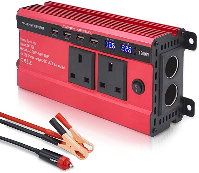 LVYUAN 1500W Power Inverter 12V to 240V AC Car Converter with 3.1A 4 USB 2 AC Sockets Dual Car Adapter With 2 LED Display