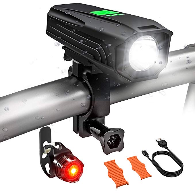 USB Rechargeable Bike Light Set, Runtime 5  Hours 450 Lumens LED Super Bright Front Light with Free Tail Light, Waterproof, 5 Light Mode and Easy to Install Fits All Bicycles, Road, Mountain