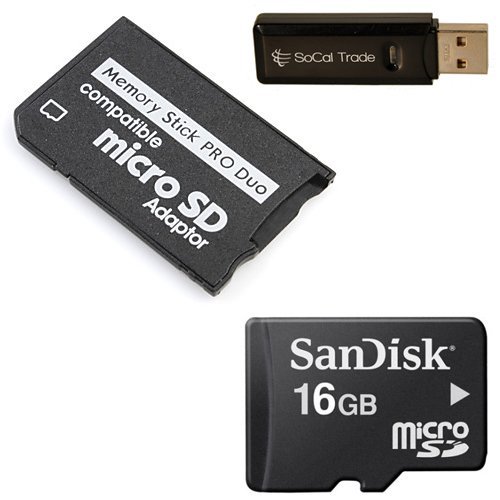 Sandisk 16GB 16G Class 4 microSD MicroSDHC Card with MicroSDHC to Memory Stick MS Pro Duo Adapter for Sony PSP and Cybershot Cameras with SoCal Trade Micro SDHC & SD Dual Slot Memory card Reader