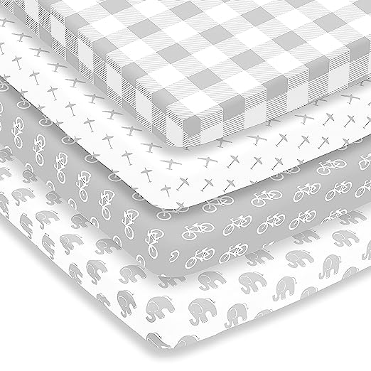 Pack n Play Sheets – Pack and Play Sheets 4 Pack – 100% Super Soft Jersey Knit Cotton Playard Mattress Sheets – Portable Playpen Sheet – Fitted Play Yard Mini Crib Sheets for Boy & Girl (24 x 38 x 5)
