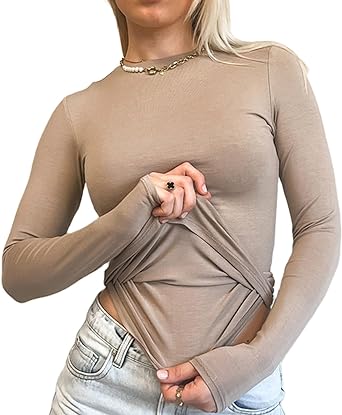 Women's Fall Casual Slim Fit Basic Crop Tops Solid Color Long Sleeve Crew Neck Pullover Tight Tee Shirts Streetwear
