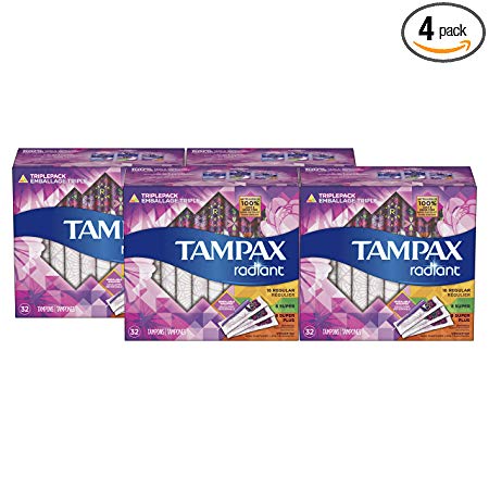 Tampax Radiant Plastic Tampons, 16 Regular/8 Super/8 Super Plus Absorbency Multipack, Unscented, 32 Count, Pack of 4 (Total 128 Count)