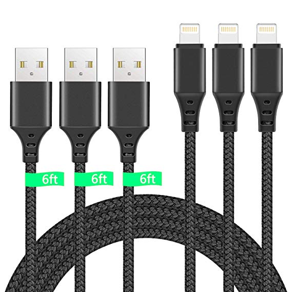 iPhone Charger, Sundix Lightning Cable 3Pack 6ft iPhone Charger Cable Cord Extra Long Nylon Braided Replacement for iPhone XR XS XSMax X 8 8Plus 7 7Plus 6S 6Splus 6 Plus, iPad, iPod-Black