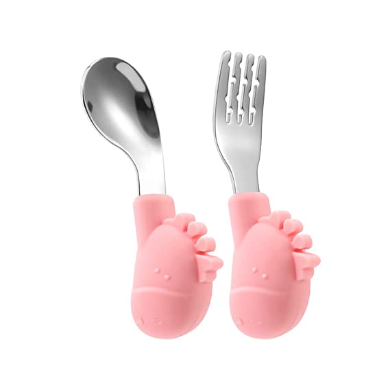 Baby Fork and Spoon Set with Carry Case, Self Feeding Toddler Silverware for Kids and Toddler Utensil Set (Pink)