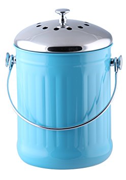 Kitchen Maestro 1 Gallon Counter Top Stainless Steel Compost Bin, 2 Odor Absorbing Filter Sets Included,   BONUS 50 Compost Bags included. (Blue)