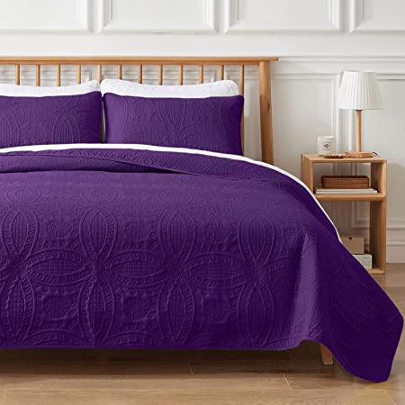 VEEYOO 3 Pieces Bedspread California King - Ultrasonic Embossing Lightweight Quilt Set, Soft Microfiber Reversible Coverlet for All Seasons (Purple, 1 Bedspread, 2 Shams)