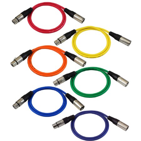 GLS Audio 3ft Patch Cable Cords - XLR Male To XLR Female Color Cables - 3 Balanced Snake Cord - 6 PACK