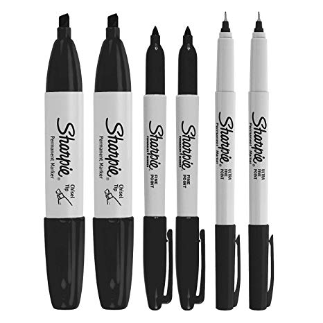 Sharpie Permanent Markers, 6 Pack Assorted Sizes, Ultra Fine Tip, Fine Tip and Chisel Tip Permanent Markers - Black