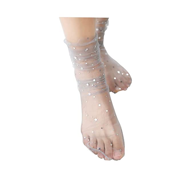 FXmimior Fashion Hand Made Star and Moon Socks Tulle Metallic Glitter Stars Stockings Women's Starry Tulle Socks glittery stars and moons(Silver)