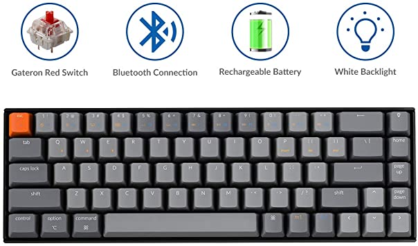 Keychron K6 Bluetooth Wireless/Wired USB Gaming Mechanical Keyboard with Gateron Red Switch/LED Backlit/Rechargeable Battery, Compact 68 Key Keyboard for Mac Windows