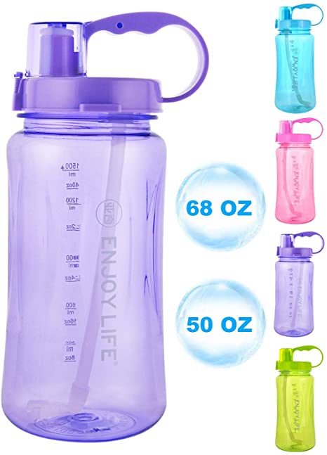 GTI Large Capacity Sports Water Bottle, 50oz - 68oz - 102oz Wide Mouth Portable Big Plastic Bottle Leak Proof Space Cup Travel Mugs with Scale Straw Strap
