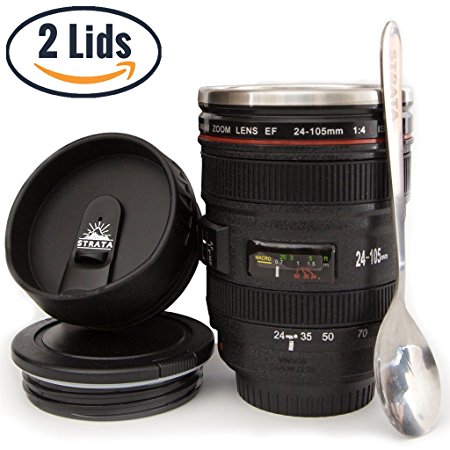 Coffee Mug - Camera Lens Coffee Mug -13.5oz, SUPER BUNDLE! (2 LIDS   SPOON) Stainless Steel, Travel Coffee Mug, Sealed & Retractable Lids! Camera Mug, Birthday Gifts for Men, by STRATA CUPS