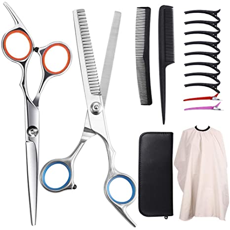 Hair Cutting Scissors Kits, Stainless Steel Haircut Set Hair Scissors Thinning Scissors Barber Cape Combs Clips Leather Scissors Case Professional Salon Home Hairdressing Shears Set For Men Women Pets