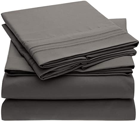 Mellanni Bed Sheet Set - Brushed Microfiber 1800 Bedding - Wrinkle, Fade, Stain Resistant - 4 Piece (Queen, Gray)