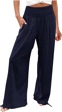 Palazzo Pants for Women Womens Linen Pant Wide Leg Elastic High Waist Casual Loose Trousers Beach Pants with Pockets