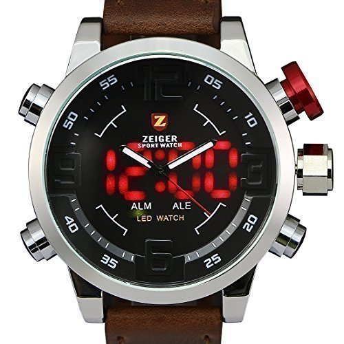 Zeiger Mens Big Face LED Dual Time Marine Corps Military Digital Analog Vietnam Sport Wrist Watch, Leather Band Special Forces Swiss Army Gift for Dad, Boyfriend
