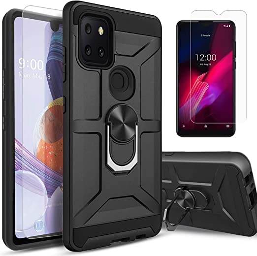 STARSHOP - T-Mobile Revvl 5G Phone Case, [Not Fit Revvl 4 Plus/Revvl 4] with [Tempered Glass Protector Included] Dual Layers Rotatable Ring Kickstand Shockproof Cover - Black