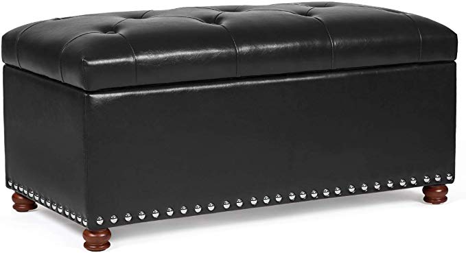 Joveco Storage Ottoman Bench 35" Faux-Leather Rectangular Tufted Ottomans (Midnight Black)