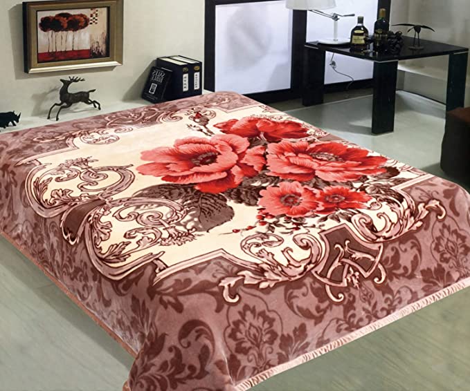 Marina Decoration 11 LB Oversized Heavy Woven Fluffy Plush Soft Warm Korean Style Mink 2 Ply Printed Flannel Fleece Throw Raschel Blanket Reversible Embossed Solid, 86 x 94 Inch Red Peony Pattern