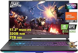 ASUS ROG Strix G17 G713 Gaming Laptop 17.3" WQHD IPS 240Hz AMD 12-Core Ryzen 9 7845HX (Beat i9-12900H) 32GB RAM 2TB SSD GeForce RTX 4060 8GB USB-C RGB Backlit Fast Charging Win11 Black   HDMI Cable