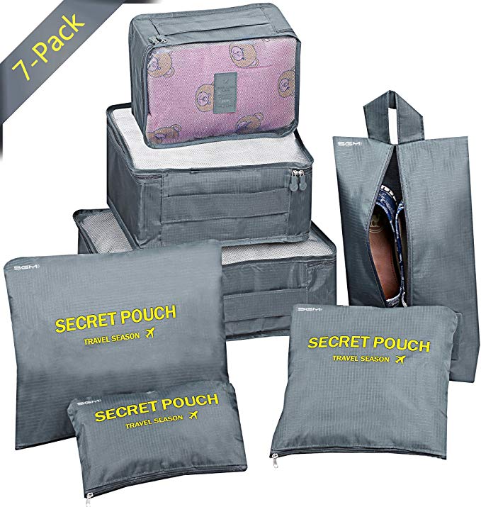 SGM Packing Cubes For Travel: Set of 7 Packing Luggage Suitcase Organizer and Pouches With Toiletry Shoe and Laundry Bag