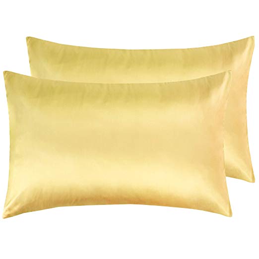 NTBAY Silky Satin Queen Pillowcases Set of 2, Super Soft and Luxury, Hidden Zipper Design, Yellow, Queen Size