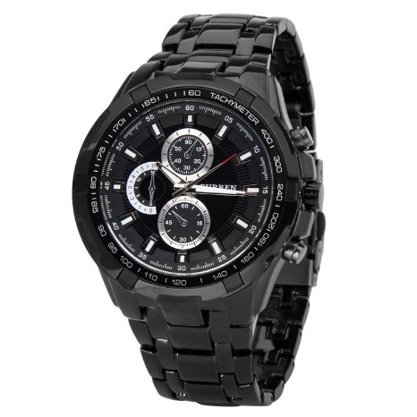Fanmis Black Stainless Steel Luxury Sport Analog Quartz Clock Mens Wrist Watch