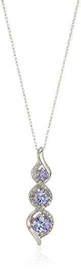 10k White Gold Round Tanzanite with White Diamond Three Stone Fashion Pendant Necklace, 18"