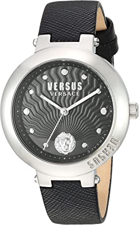 Versus by Versace Women's LANTAU Island Stainless Steel Quartz Watch with Leather Calfskin Strap, Black, 16 (Model: VSP370117)