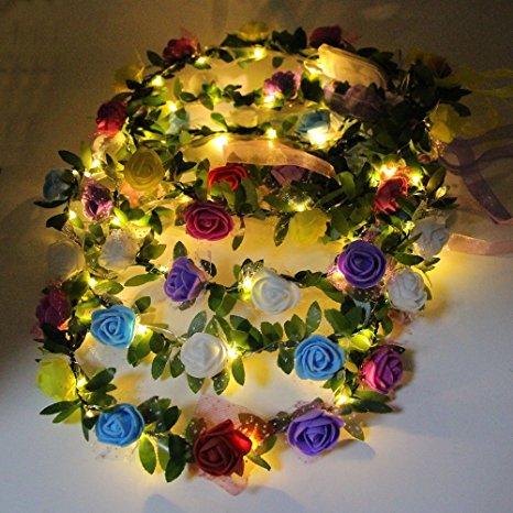 COSOON 4 Pcs LED Flower Wreath Headband - Crown Floral Garland Boho for Festival Wedding, Wreath Headdress with LED Decor T013