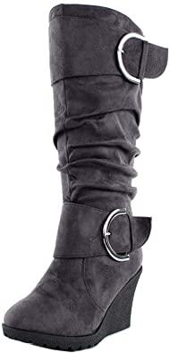 TOP Moda Pure 2 Womens Buckle Slouch Wedge Boots Black