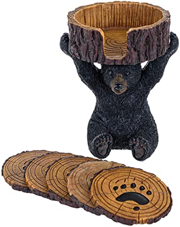 Black Bear Coasters Set - Coasters with Holder Rustic Home Decorations - Home Bar Accessories and Decor Wine Bottle Holder Bear Gifts Vintage Drink Coasters - Bear Items Coffee Table Decor Kitchen