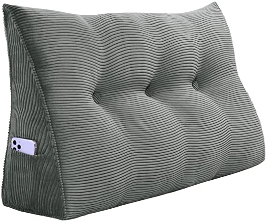 WOWMAX Wedge Body Positioners Pillow Reading Bedrest Throw Pillows Large Bolster Headboard Back Support Lumbar Cushion Pillow for Daybed with Removable Cover, Back to School Corduroy Grey 39 Inches