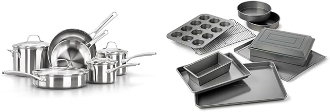 Calphalon 10-Piece Pots and Pans Set, Silver & Nonstick Bakeware Set, 10-Piece Set Includes Baking Sheet, Cookie Sheet, Cake Pans, Muffin Pan, and More, Dishwasher Safe, Silver