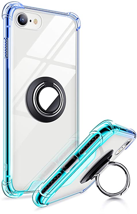 ANSIWEE iPhone SE 2020 Case, iPhone 8 Case, Metal Ring Kickstand Work with Magnetic Car Mount Designed Case Drop Protection Bumper and Clear Hard Back Cases for iPhone SE 2nd 4.7 Inch Blue Green