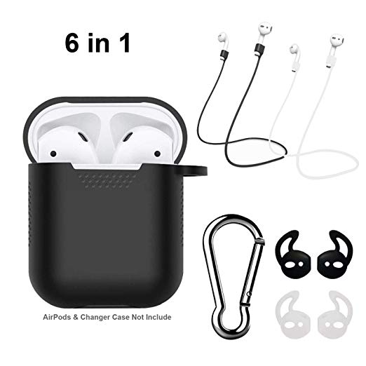 AirPods Case, JelyTech 6 in 1 AirPods Accessories Set Protective Silicone Cover and Skin Compatible Apple AirPods Charging Case with Ear Hook/Keychain/Strap (Black)