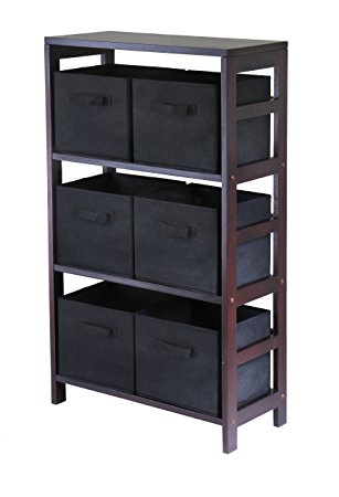 Winsome Wood Capri Wood 3 Section Storage Shelf with 6 Black Fabric Foldable Baskets