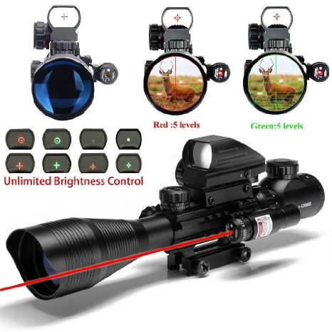 UUQ® Clarity  C4-12X50 Combo Rifle Scope Dual Illuminated Mil-Dot with Red Laser Dot Sight and 4 Tactical Multi Optical Coated Holographic Red and Green Dot Sight for Hunting AR15