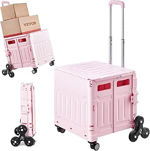 VEVOR Foldable Utility Cart, 65L Collapsible Portable Crate Rolling Cart with Stair Climbing Wheels & 360° Swivel Wheels, Hand Cart with Telescoping Handle for Shopping Office Moving Teacher, Pink