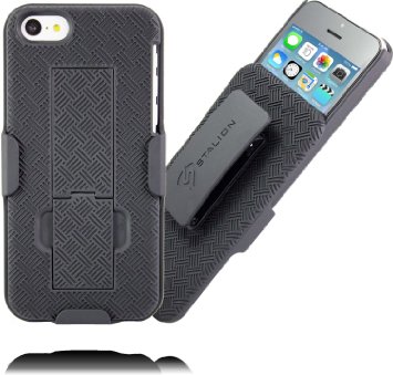 iPhone 5C Holster Stalion Secure Shell Case and Belt Clip Combo with Kickstand Jet Black 180 Degree Rotating Locking Swivel  Shockproof Protection