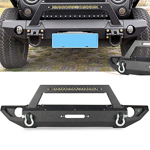 GZYF Fits 2007-2018 Jeep Wrangler JK Unlimited Offroad Front Bumper w/LED Lights & Winch Plate & Fog Light Hole, Textured Black, Short Style
