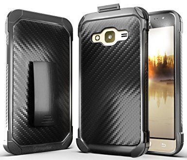 Galaxy J3 Case, J3 2016 Case, Amp Prime Case, Express Prime Case, Galaxy Sol Case, Nznd® [Shield Carbon Fiber] Hybrid Armor with Holster Locking Belt Clip Combo Case - Black