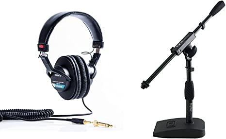 Sony MDR7506 Professional Large Diaphragm Headphone & Gator Frameworks Short Weighted Base Microphone Stand with Soft Grip Twist Clutch, and Both 3/8" and 5/8" Mounts; Base Dimensions - 4.5" X 8"